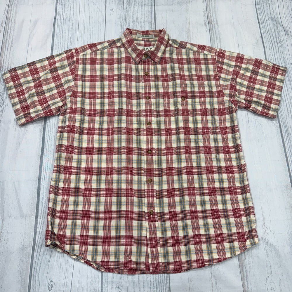 ORVIS Button Shirt Large Plaid Red Cotton Short Sleeve Work Fish Mens